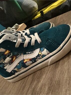 Vans Kids Teal Suede Floral-Print Skate Shoes with White Stripe